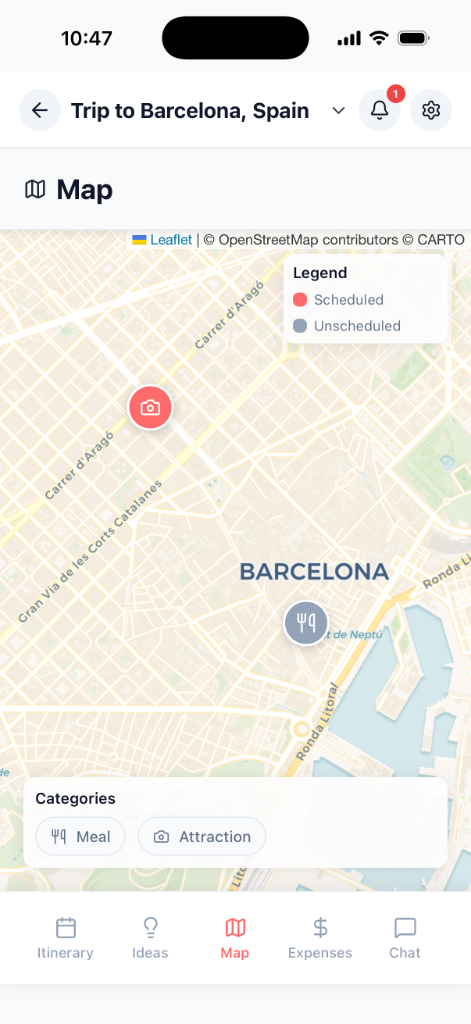 Interactive map view of trip activities