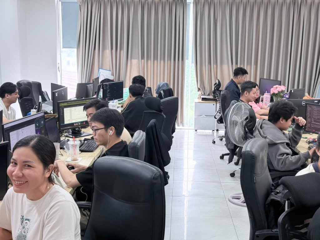 Quest0 team giving thumbs up in the office