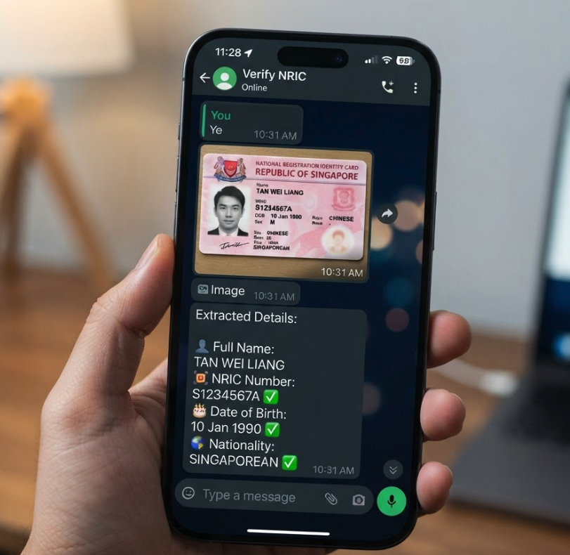 AI Convo verifying NRIC details via WhatsApp chat