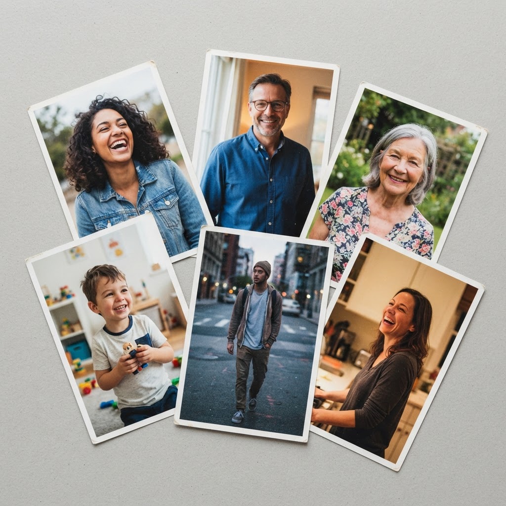 Separate photos of family members scattered on a table