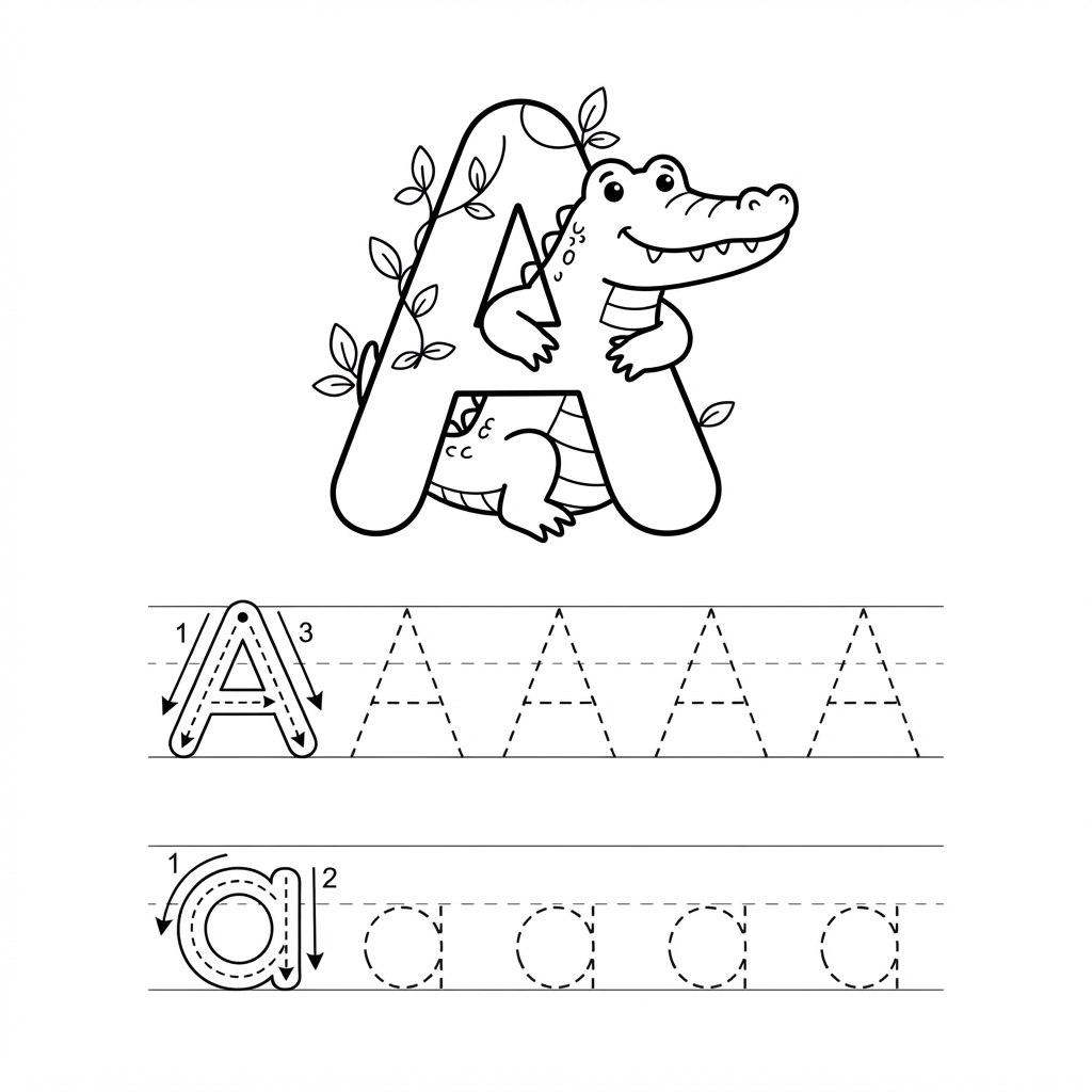 Letter A with alligator and letter tracing upper c