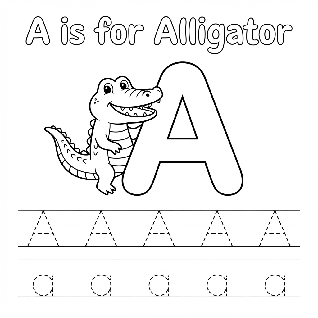 Letter A with aligator and letter tracing upper ca