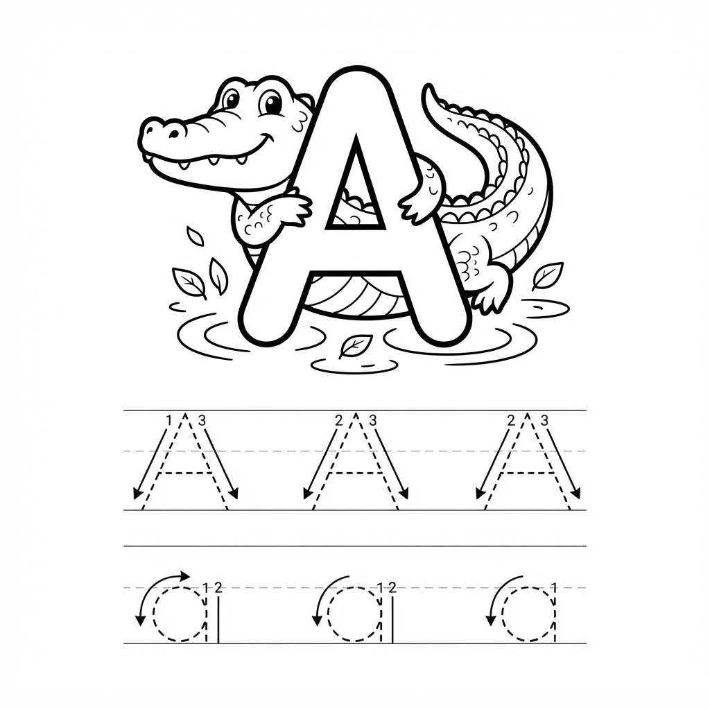 Letter A with alligator and letter tracing upper c