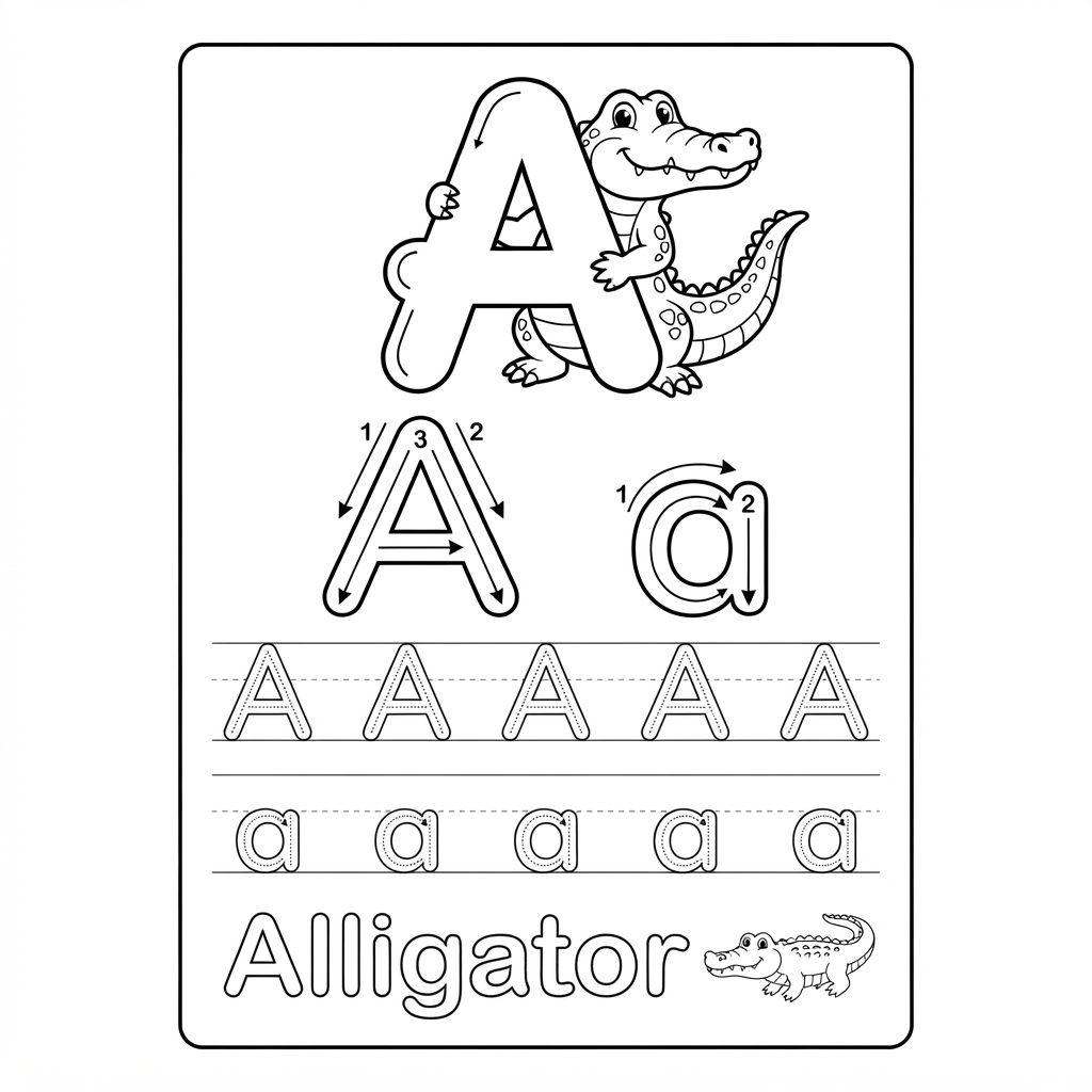 Letter A with alligator and letter tracing upper c