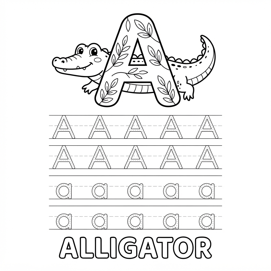 Letter A with alligator and letter tracing upper c