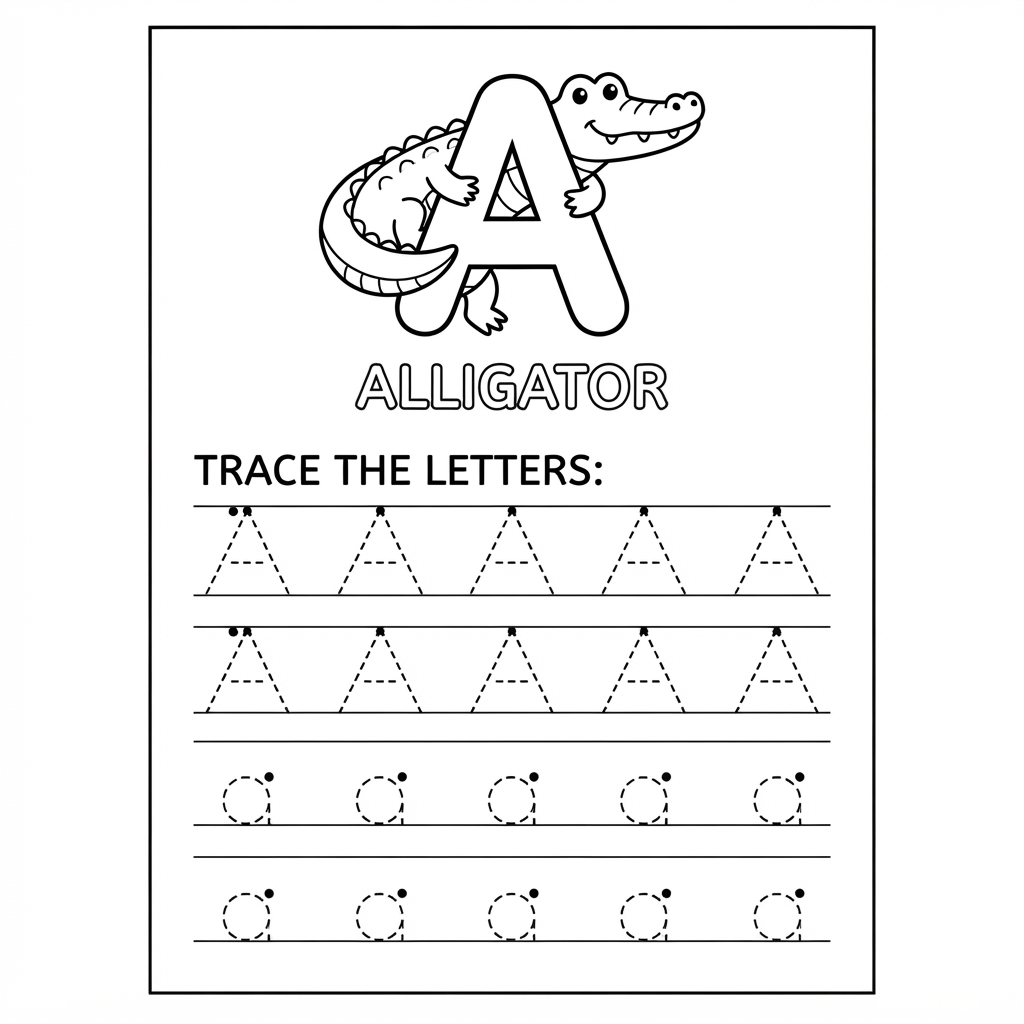 Letter A with alligator and letter tracing upper c