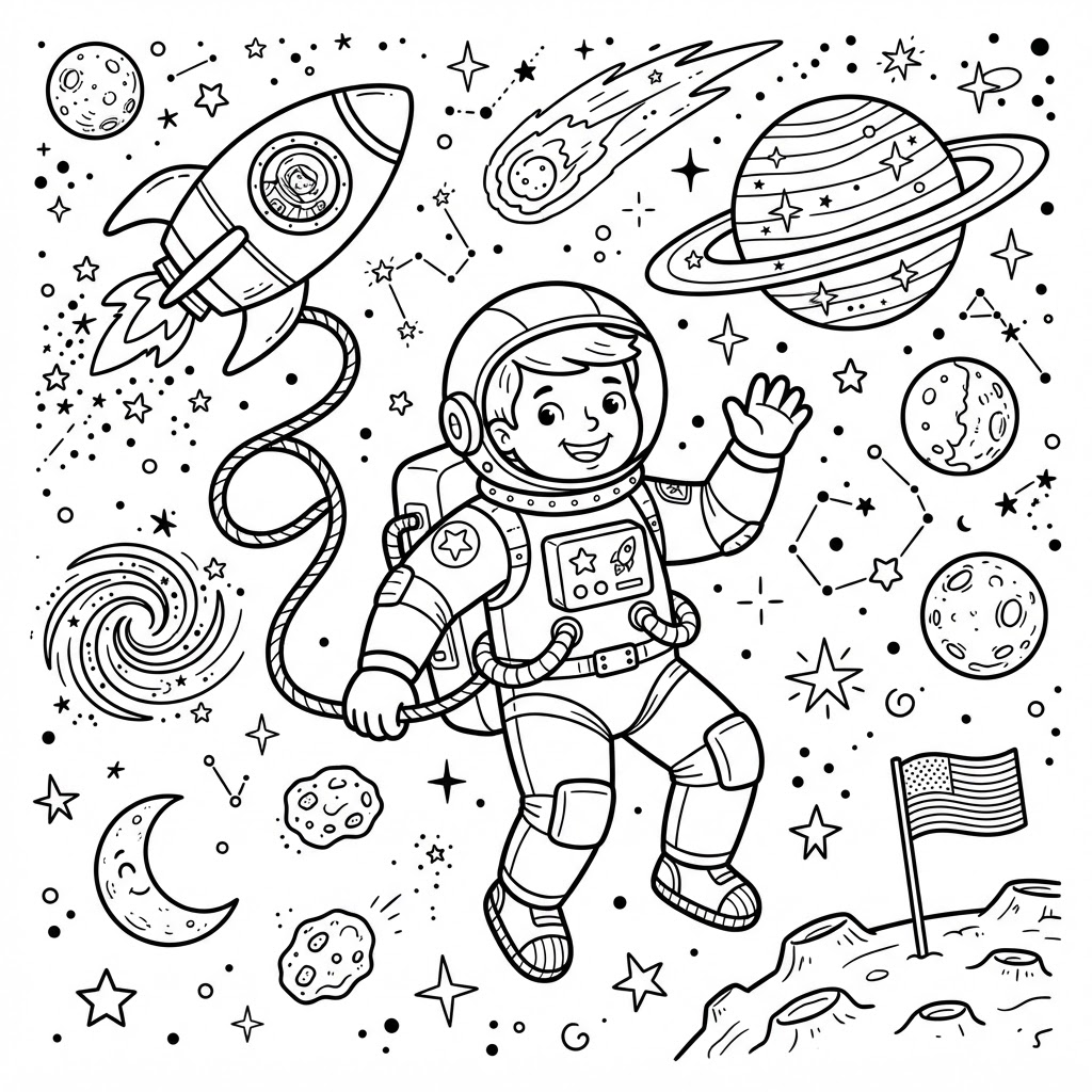 cool astronaut exploring space with planets, stars