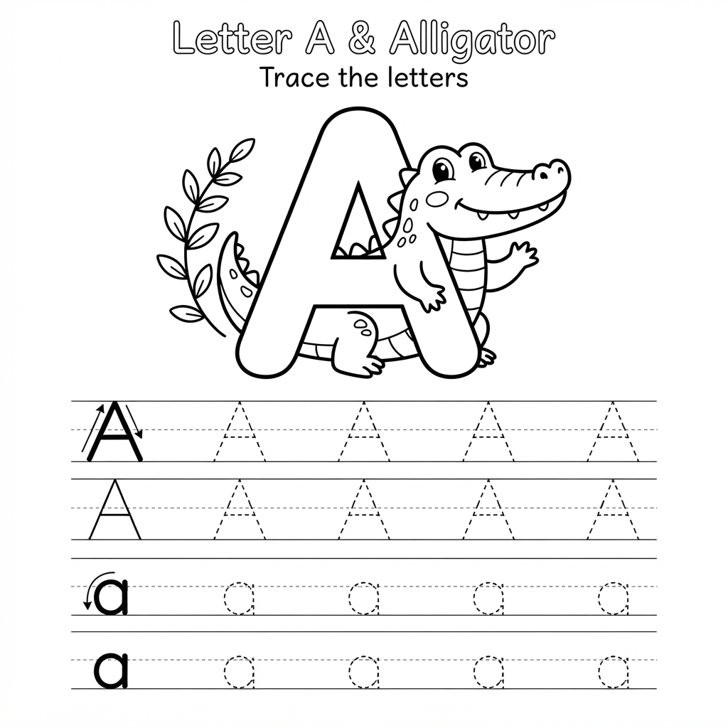Letter A woth alligator and letter tracing upper c