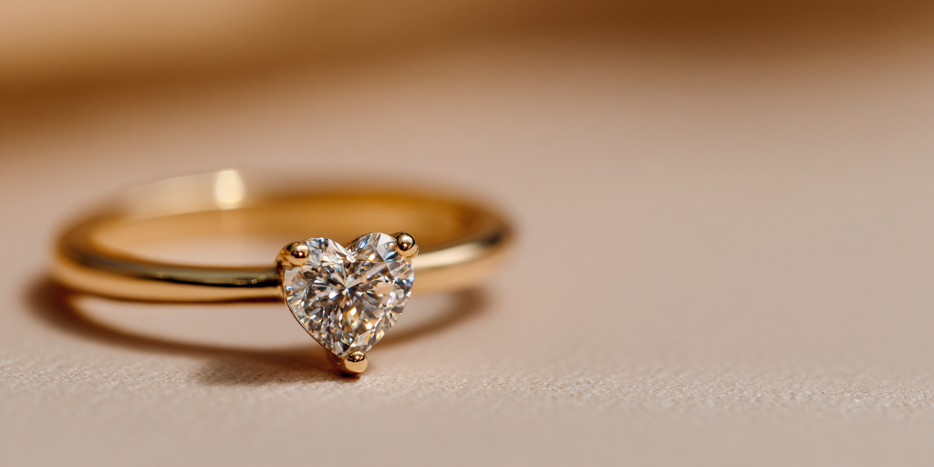 Heart shaped diamond ring on warm beige background