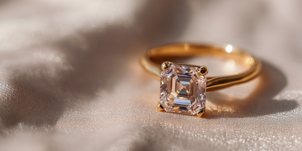 Asscher cut diamond ring on warm beige background