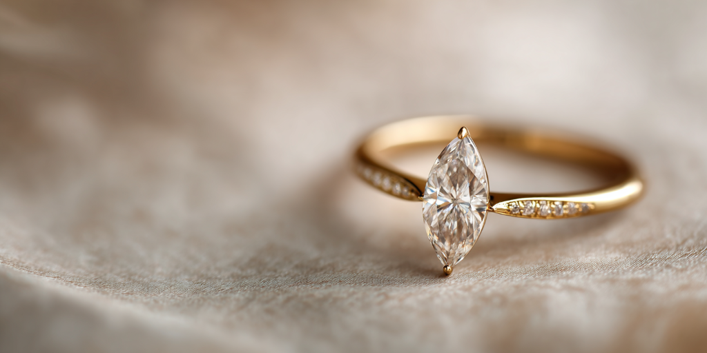 Marquise cut diamond ring on warm beige background