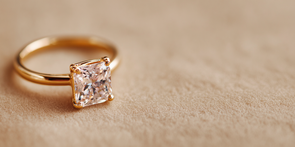 Princess cut diamond ring on warm beige background