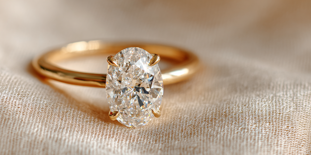 Oval cut diamond ring on warm beige background