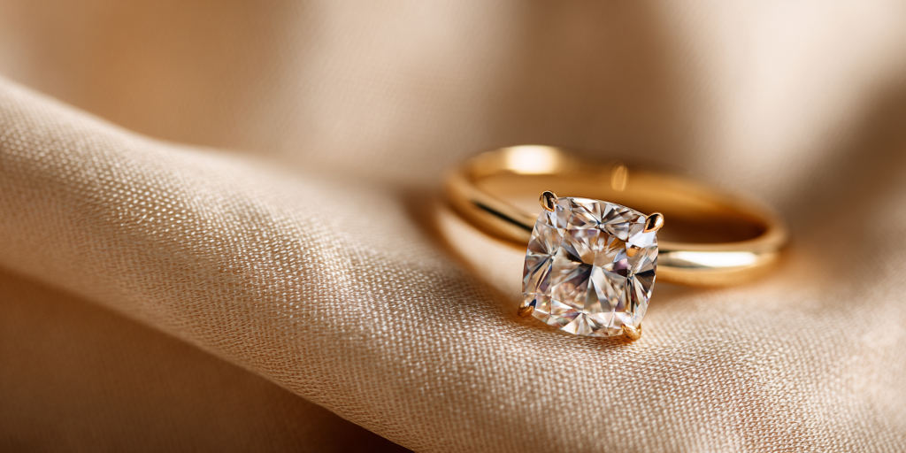 Cushion cut diamond ring on warm beige background