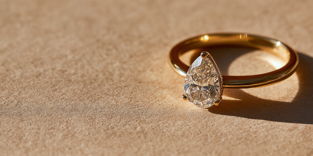 Pear cut diamond ring on warm beige background