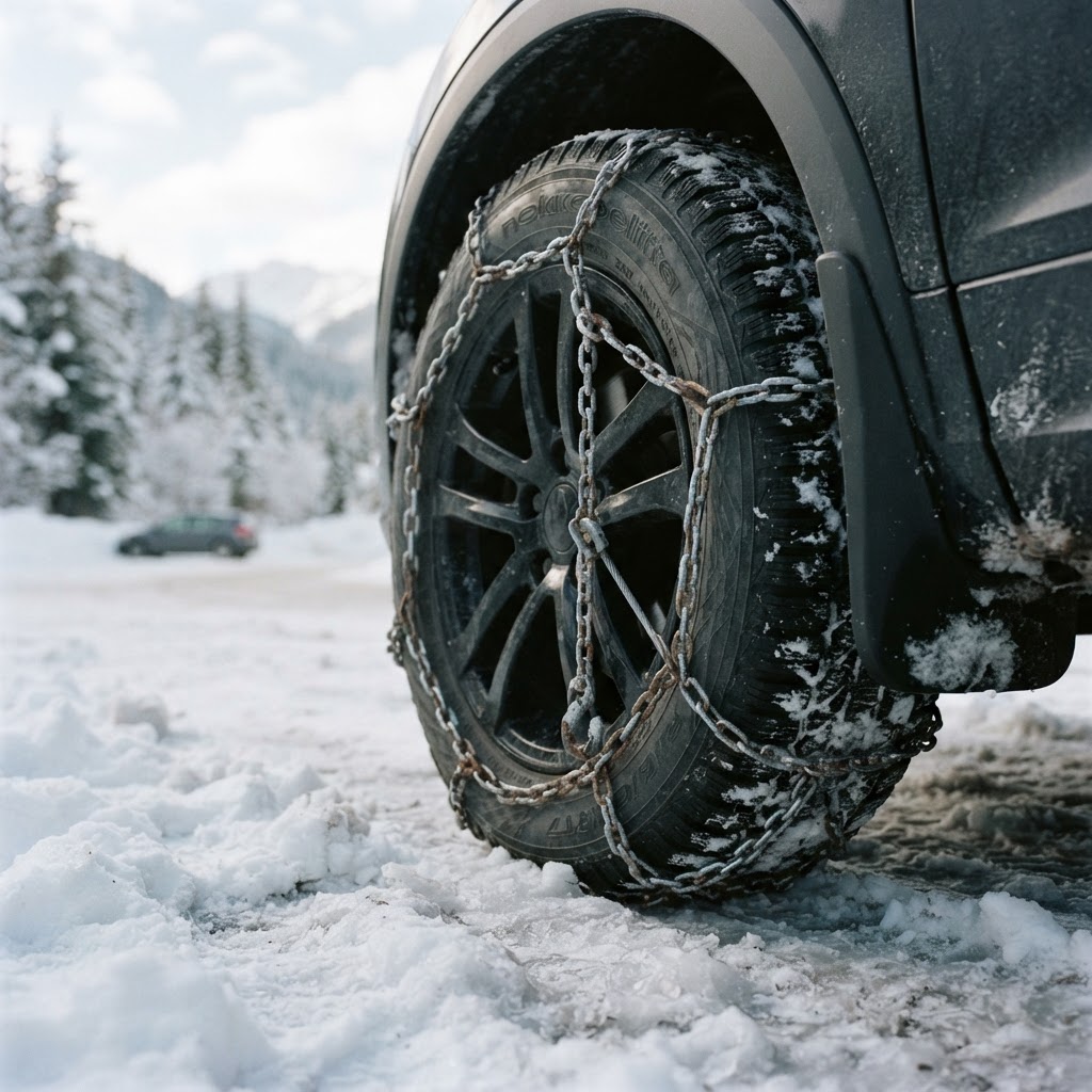 Car tire fitted with snow chains on snowy ground