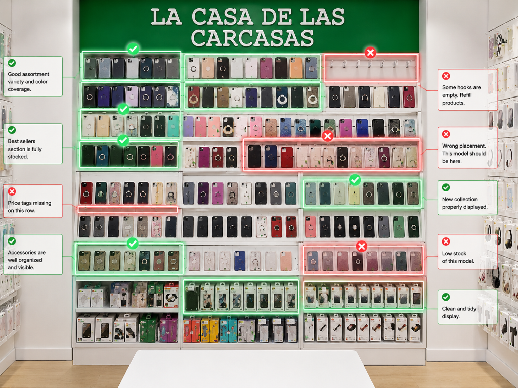 La IA audita cada display: checks verdes para items correctos, marcas rojas para issues