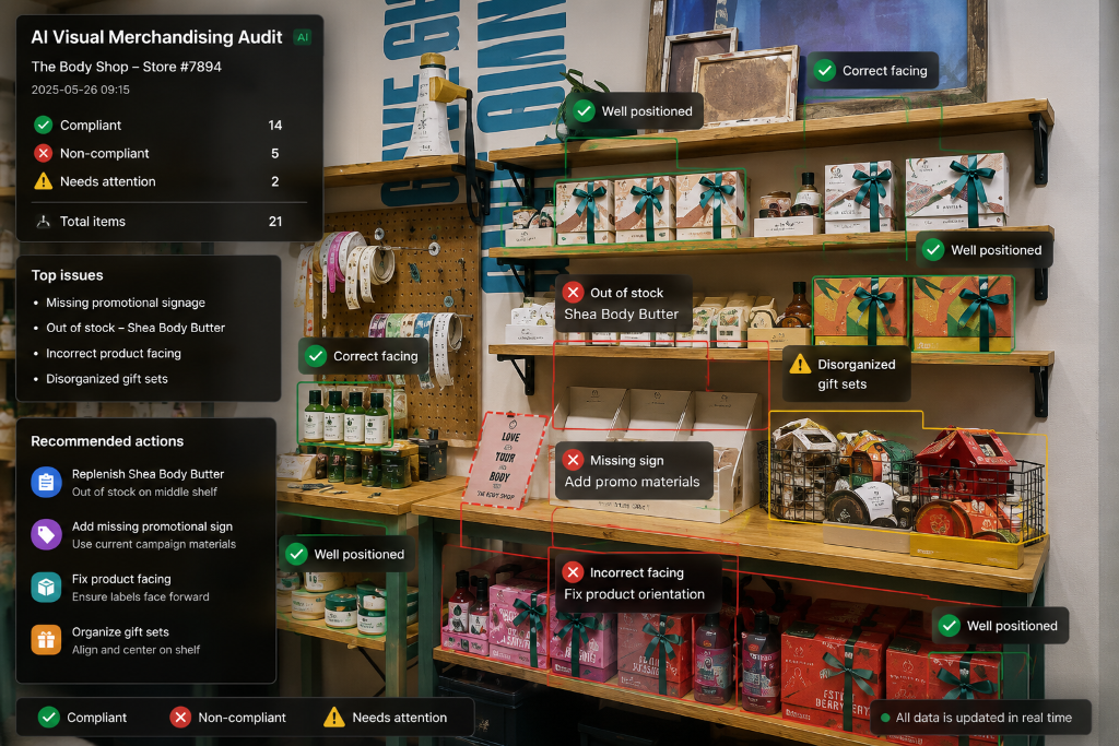 AI Visual Merchandising Audit dashboard with compliance summary, detected issues, and recommended corrective actions