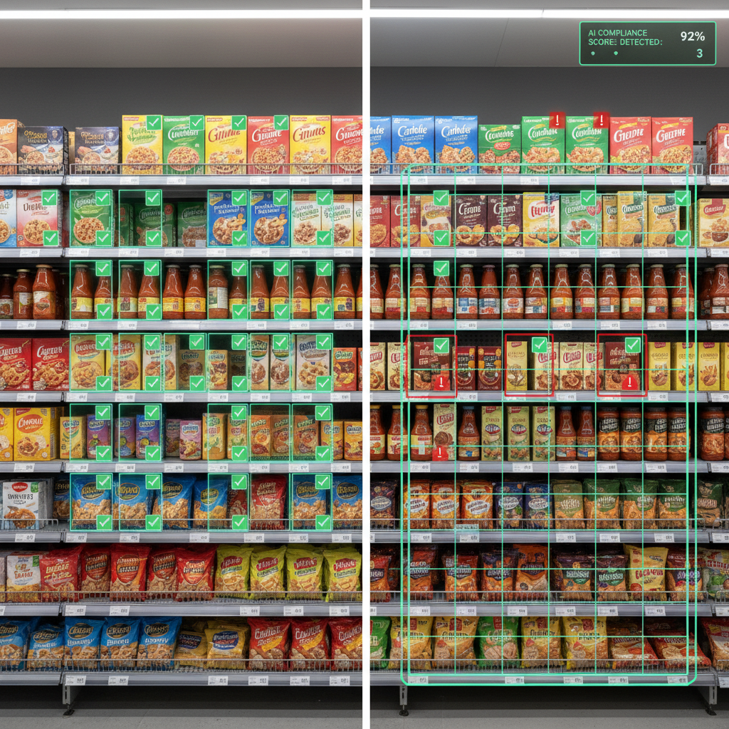 AI shelf compliance analysis on grocery aisle