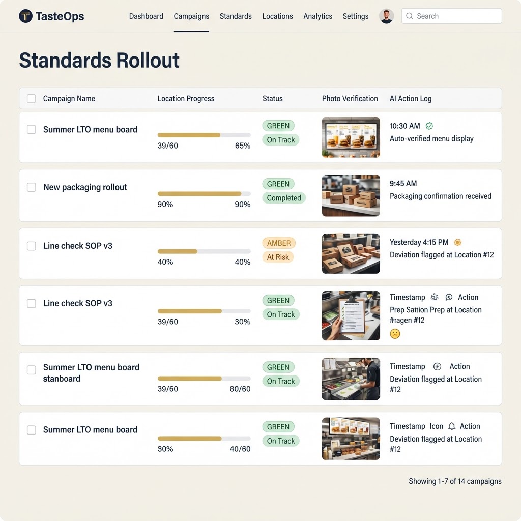 Standard rollout dashboard: campaigns, standards execution, and AI action log