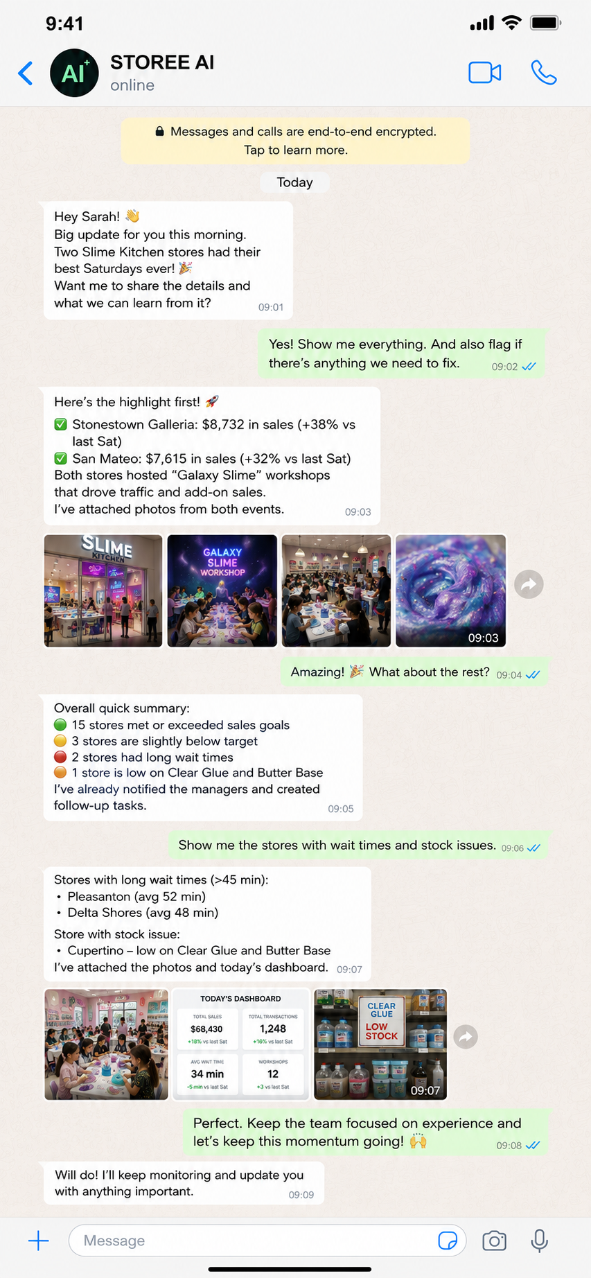 STOREE AI agent reporting daily store performance and issues to a Slime Kitchen operations manager via WhatsApp
