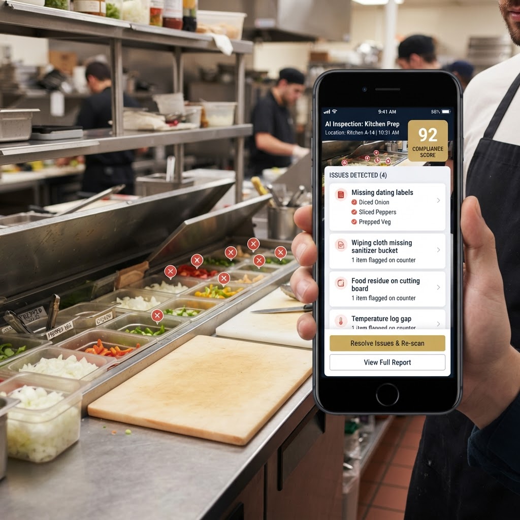 AI inspection: compliance score, detected issues, and location photo with overlays