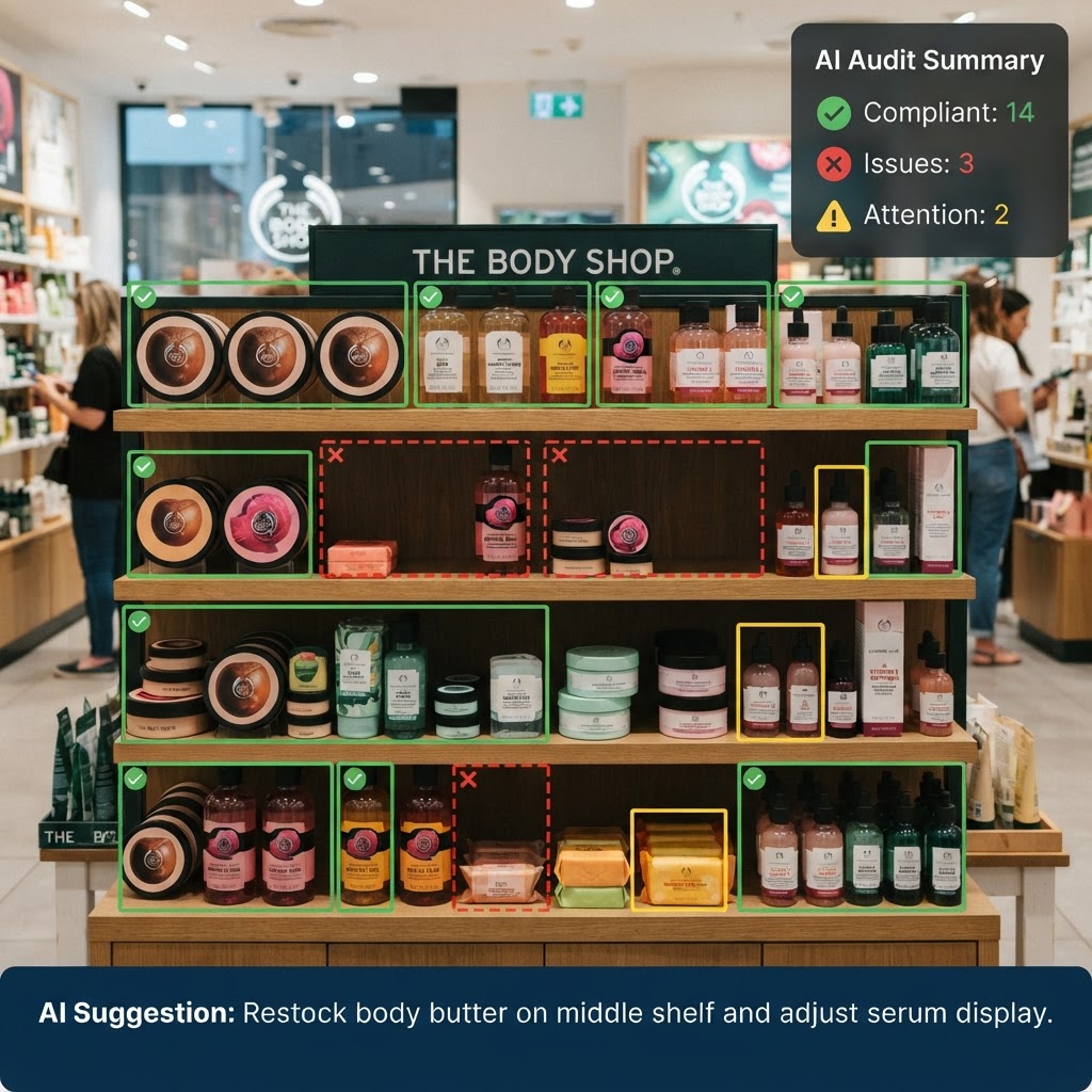 AI VM Audit: compliance score, detected issues, and store photo with overlays
