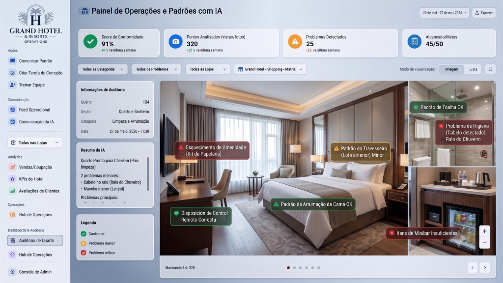 AI inspection: compliance score, detected issues, and property photo with overlays