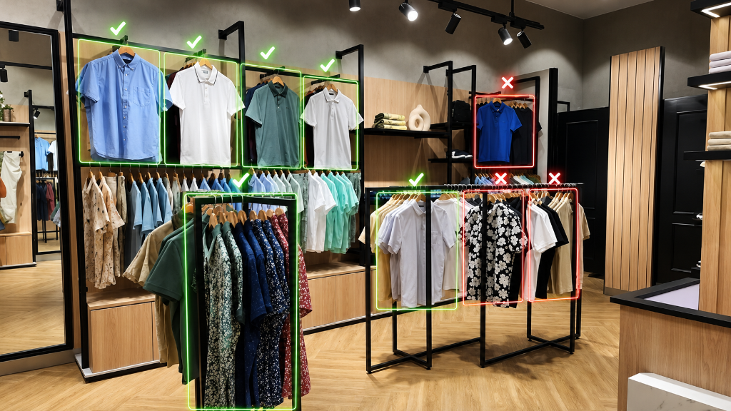 The AI audits each display: green checks for correct items, red marks for issues