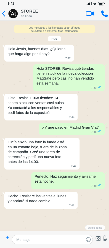 STOREE agent controlled via WhatsApp chat