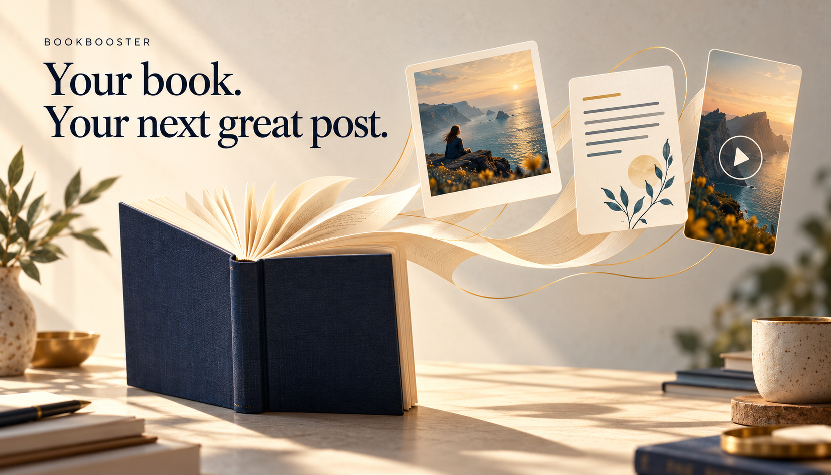 BookBooster blog welcome cover with navy and gold branding