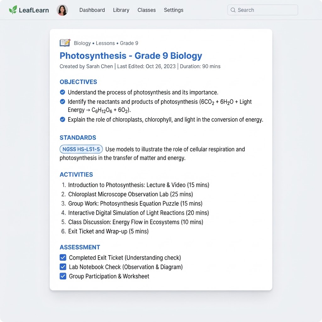 A finished lesson plan with objectives, standards, activities, and assessment