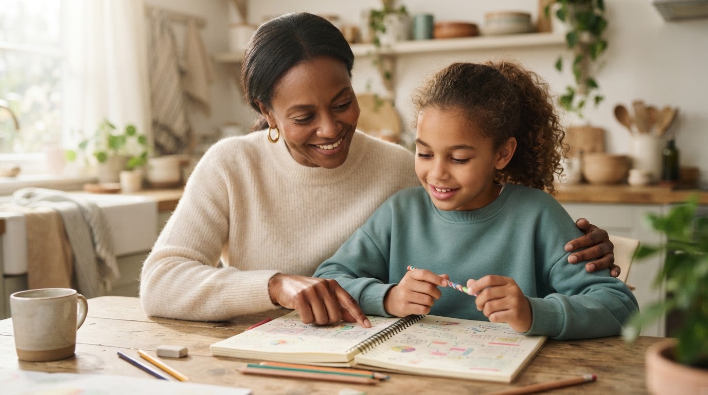 Parent and student reviewing study materials