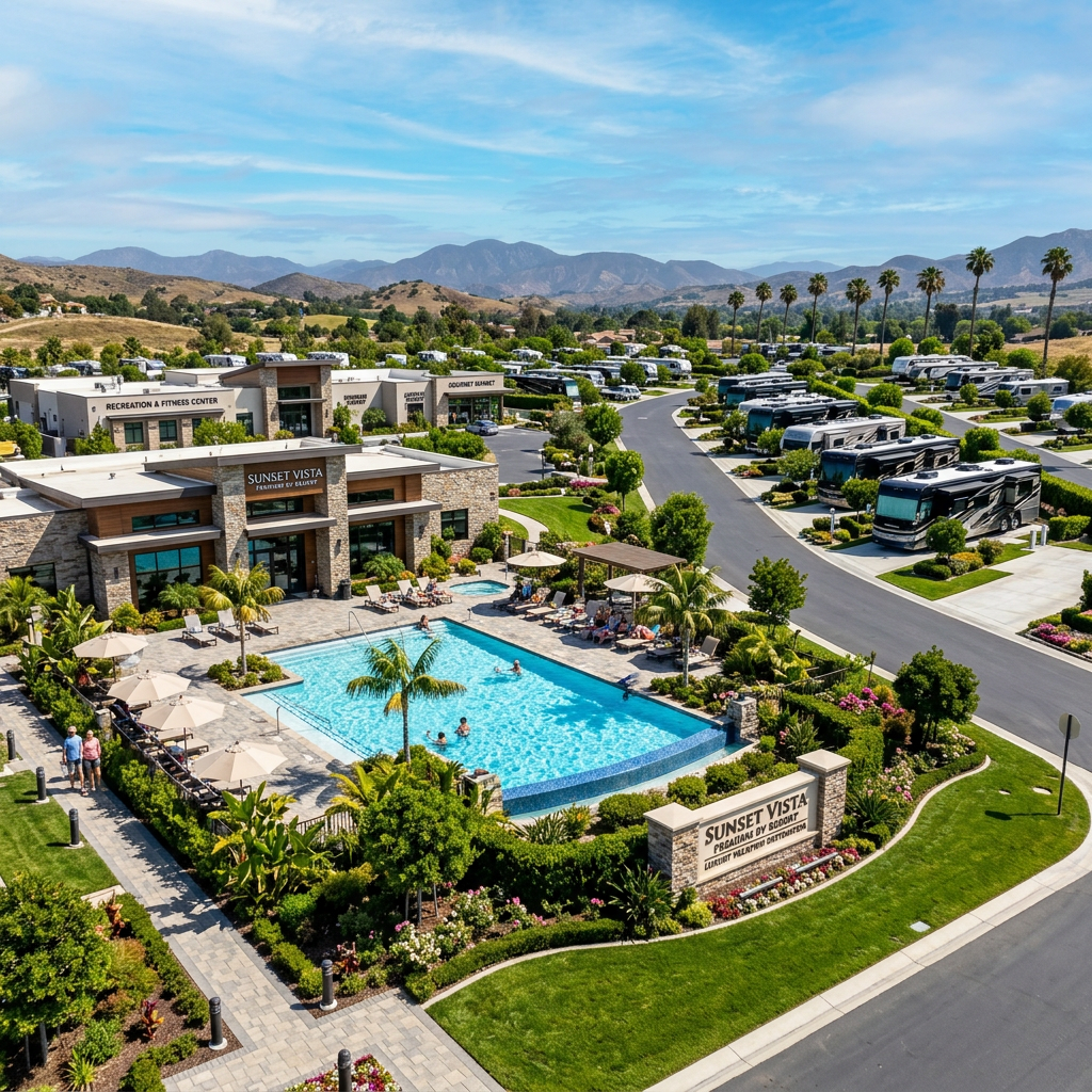 Premium RV resort showing modern amenities and well-maintained grounds
