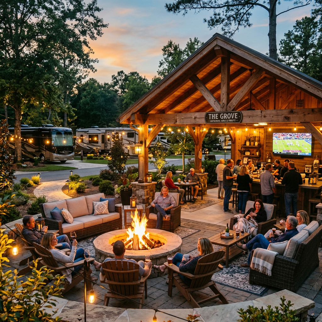 RV resort lounge and gathering area with comfortable seating and amenities