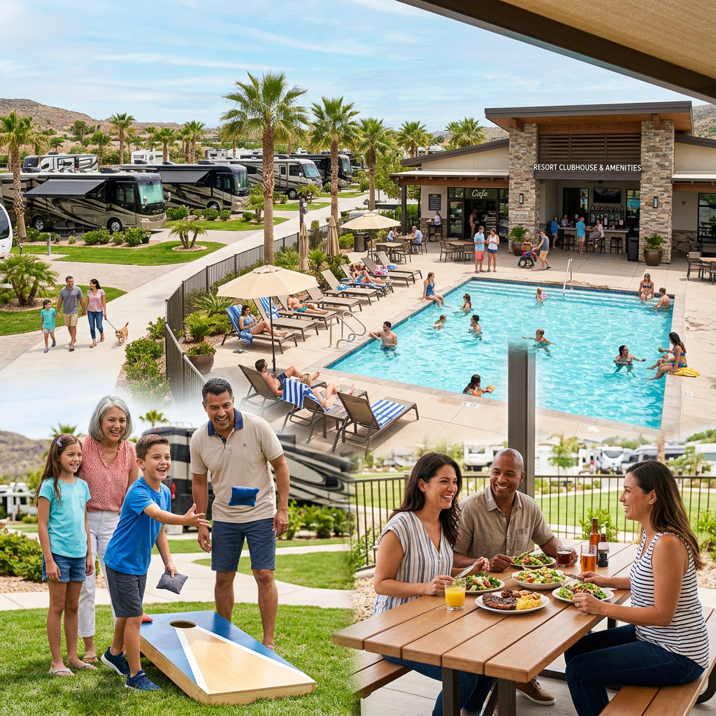 Families and couples enjoying outdoor activities at an upscale RV resort