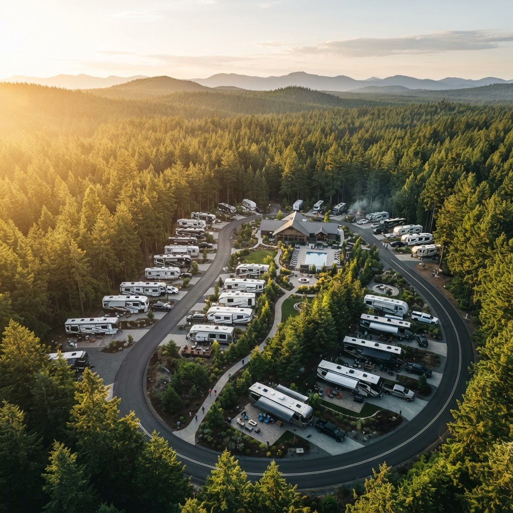 Aerial view of RV resort in a pine forest