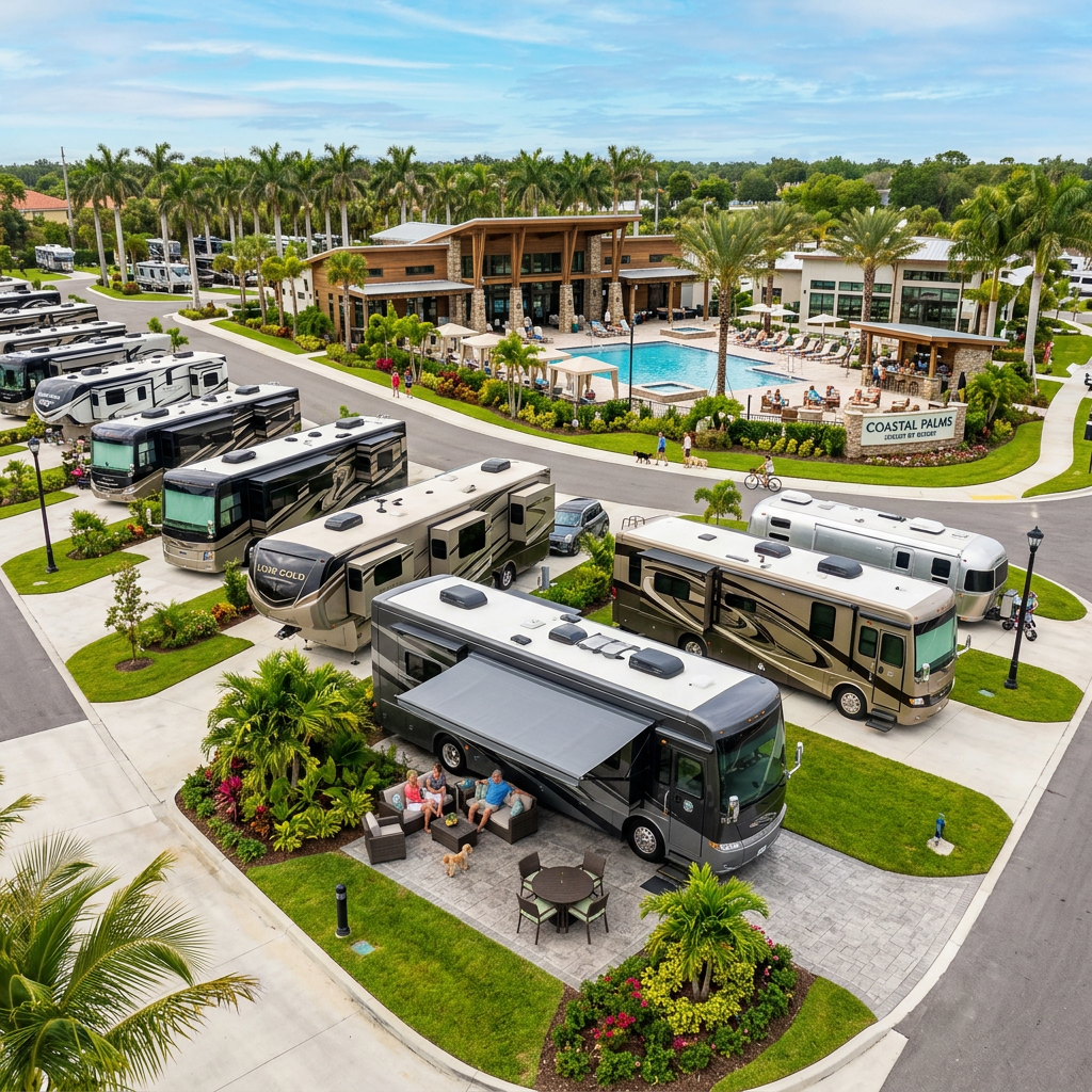 Modern luxury RV resort with multiple RVs and fifth wheels parked in organized spaces