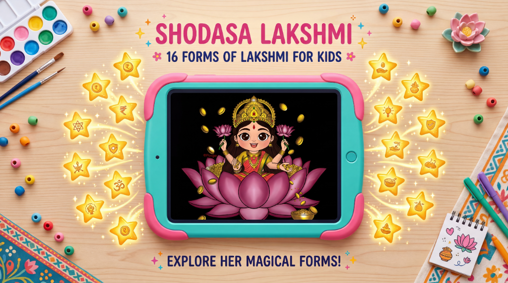 Beyond Ashtalakshmi: Discovering the 16 Forms of Mother Lakshmi (A Kid-Friendly Guide!) - Hindu mythology story blog post from Divine Tales for Kids