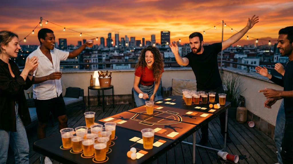 Friends playing competitive party games at a rooftop gathering
