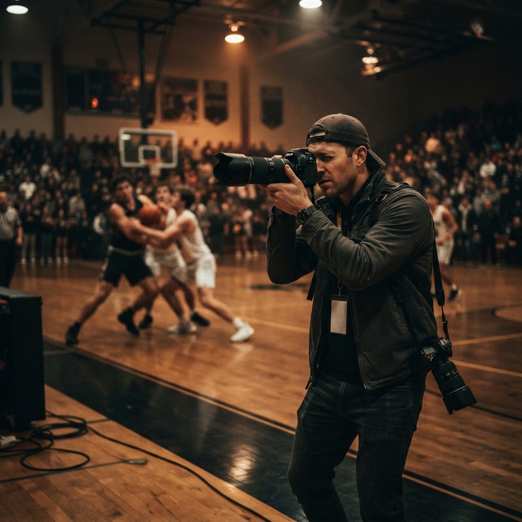 Sports photographer shooting a basketball game