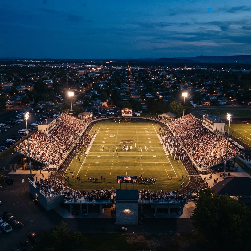Aerial view of a local stadium at dusk