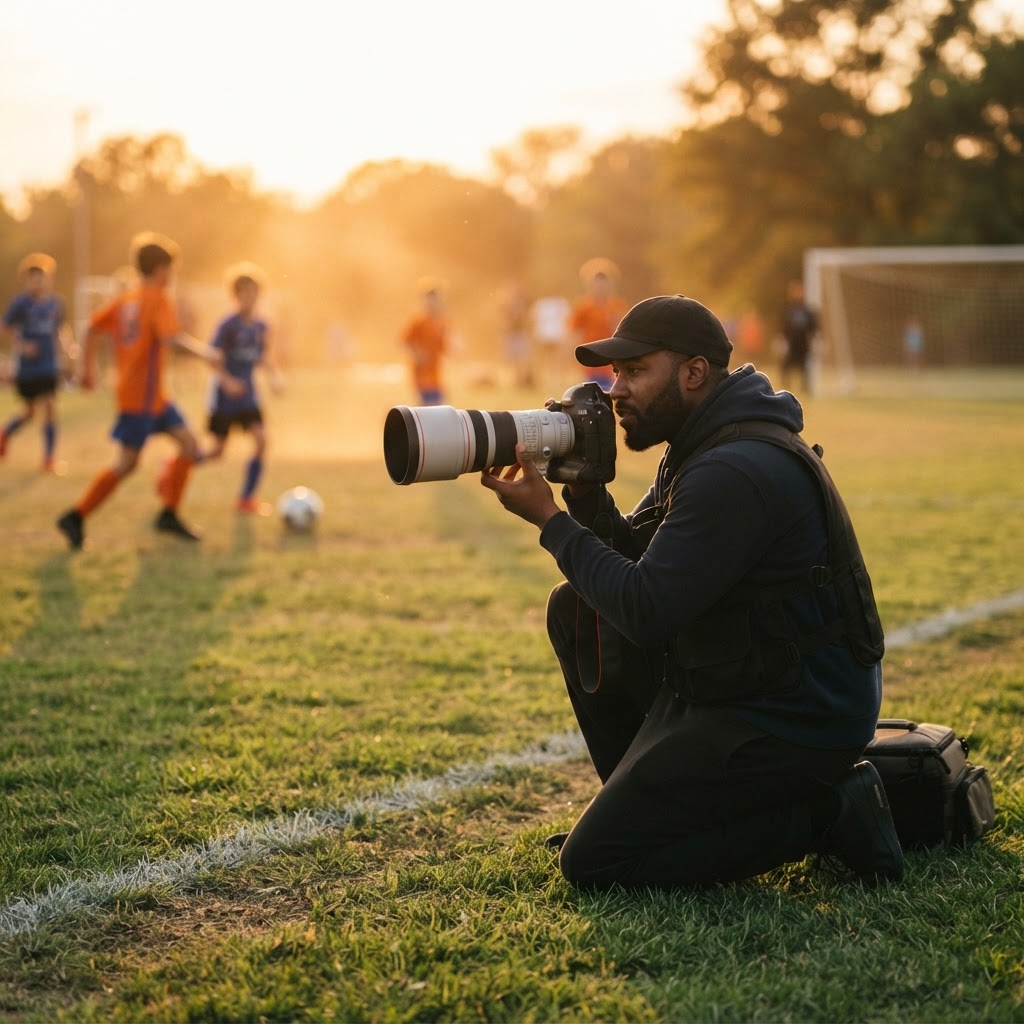 Black sports photographer shooting from the sideline