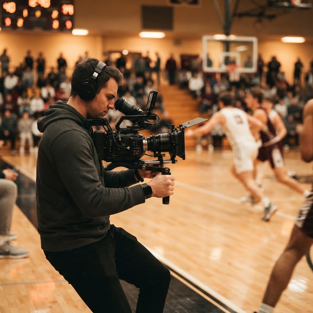 Sports videographer filming courtside at a basketball game
