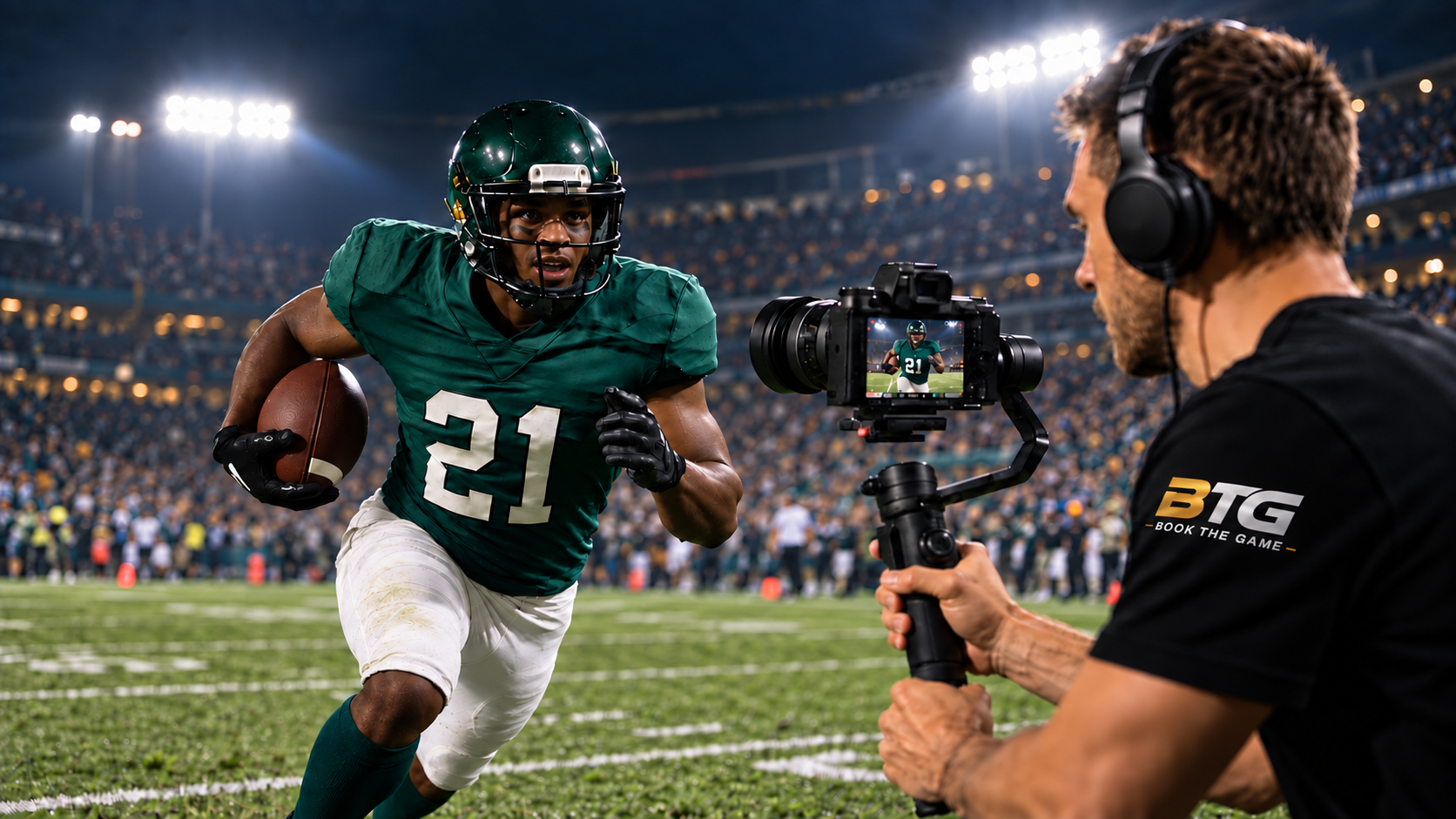 Professional videographer filming football player in action