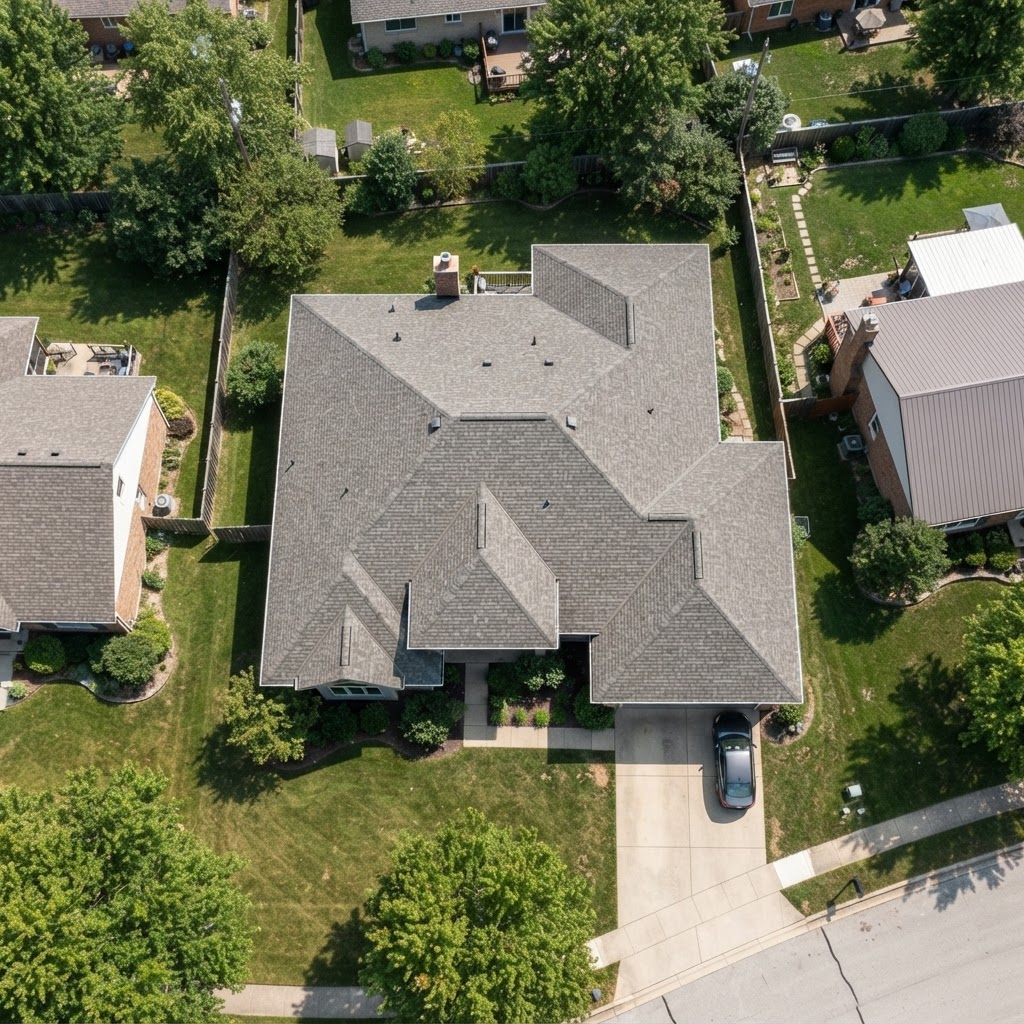 Satellite aerial view of a residential roof being measured by RoofWise