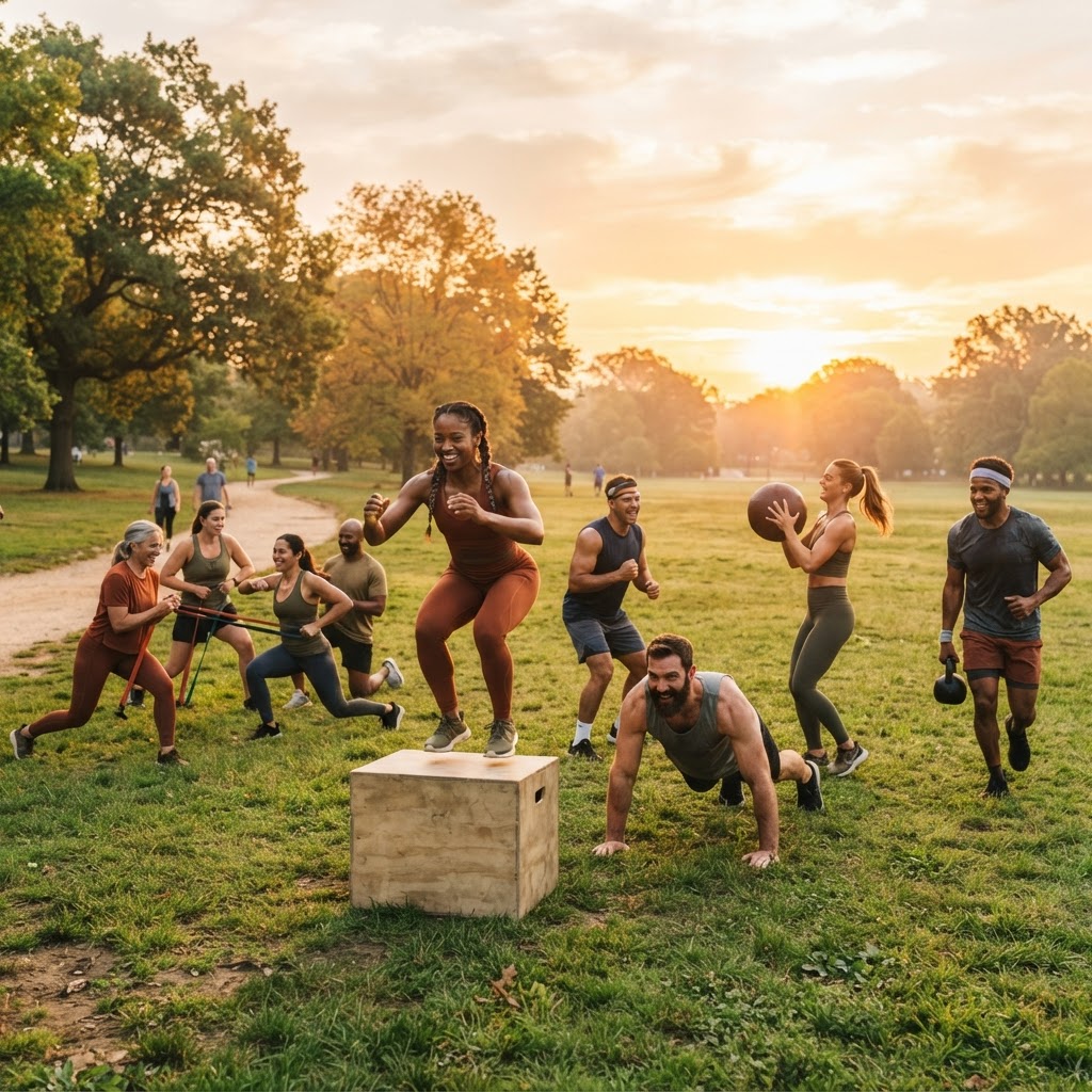 Energetic group of people exercising together outdoors