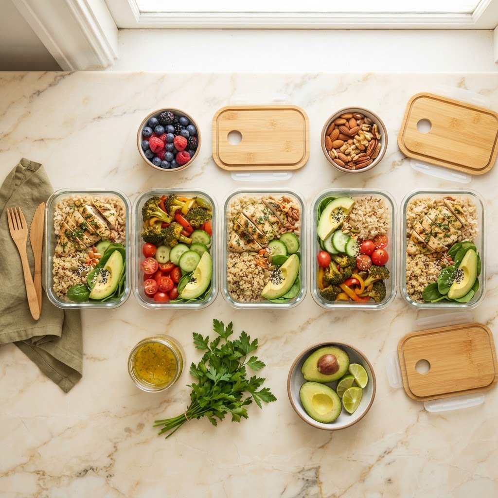 Colorful healthy meal prep spread with fresh ingredients