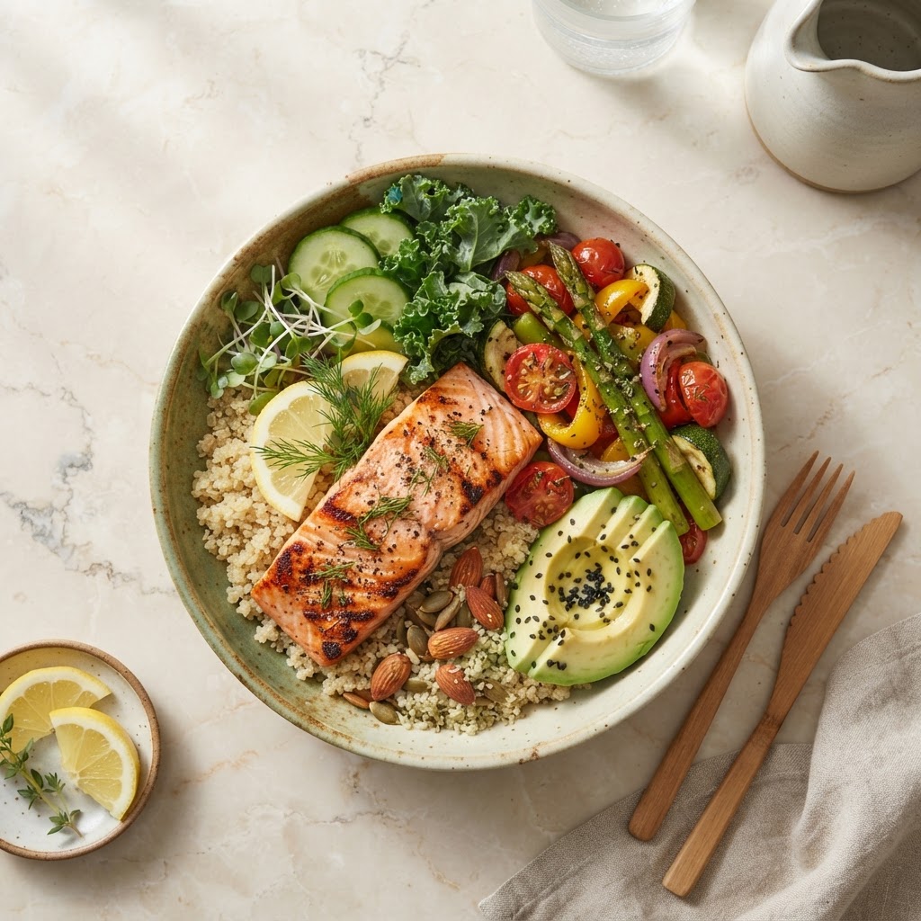 Fresh healthy meal bowl with salmon and vegetables