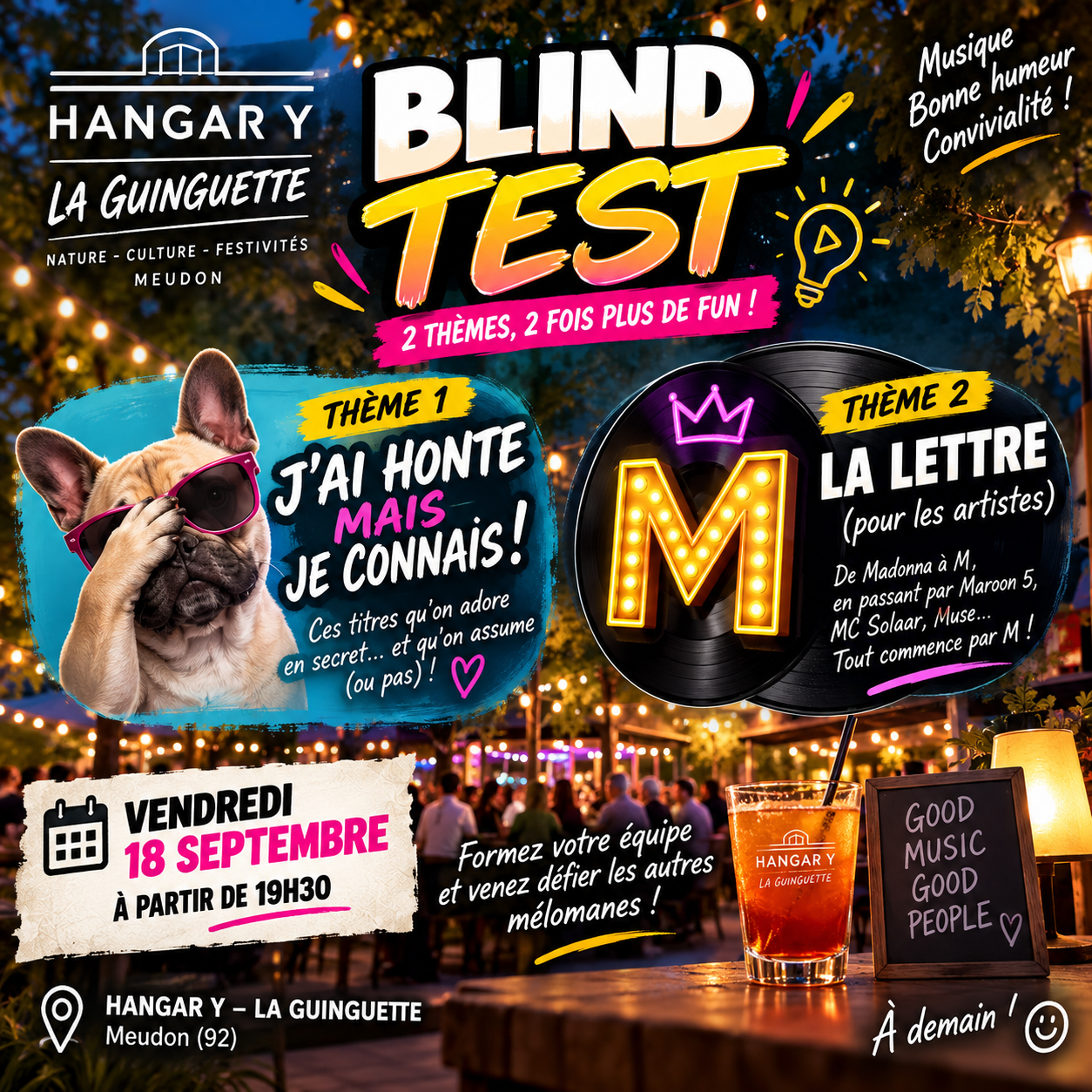 Affiche du Blind Test de la Guinguette du Hangar Y à Meudon, deux thèmes musicaux